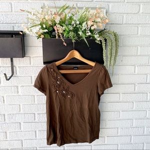Rafaella Brown Short Sleeve Shirt W/ Sequin Detail